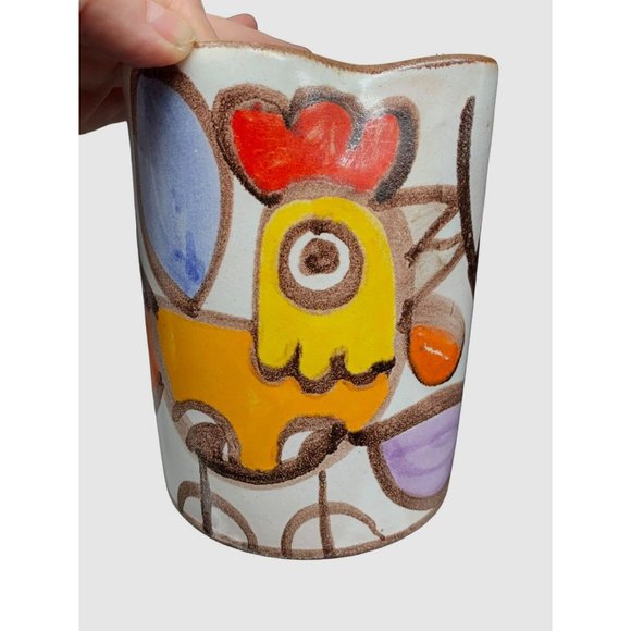 FINE 1960s GIOVANNI DESIMONE CERAMIC VASE CUBISM ITALIAN ROOSTER FLOWER, Signed